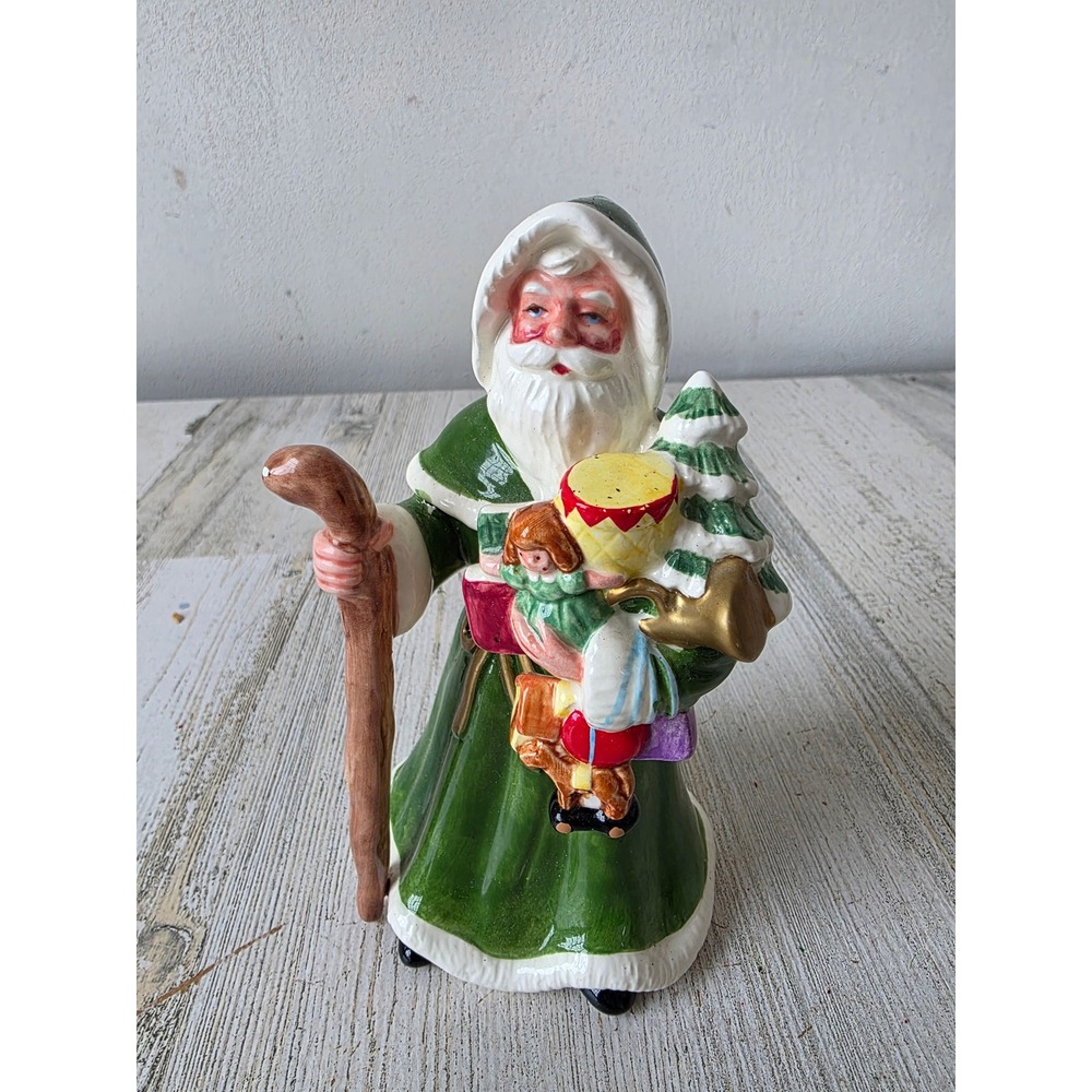 Vintage lefton geo Santa staff 1995 statue figurine green Victorian hooded